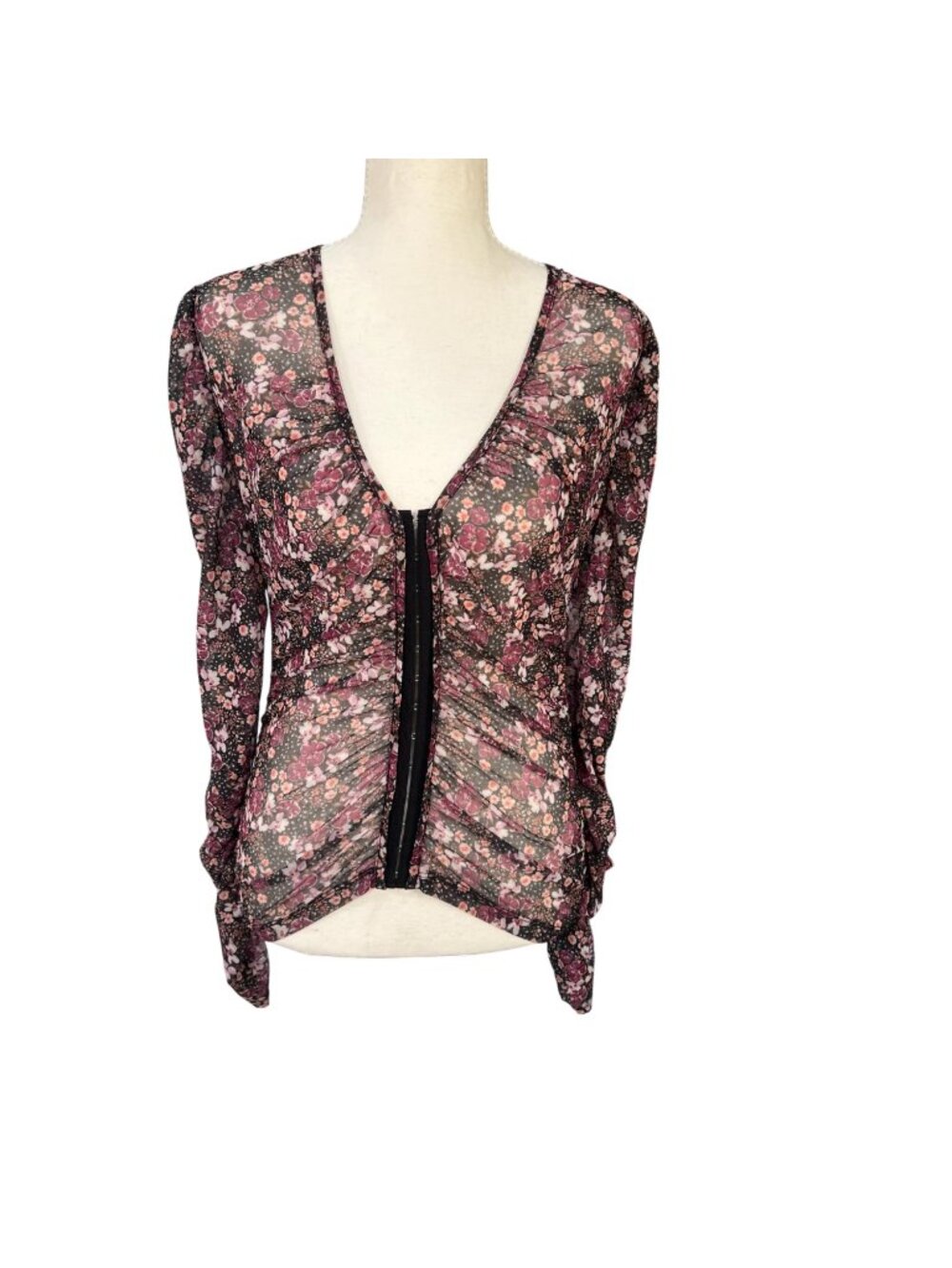 Anthropologie Sheer Mesh Floral Hook and Eye Closure Long Sleeve V-Neck Size S